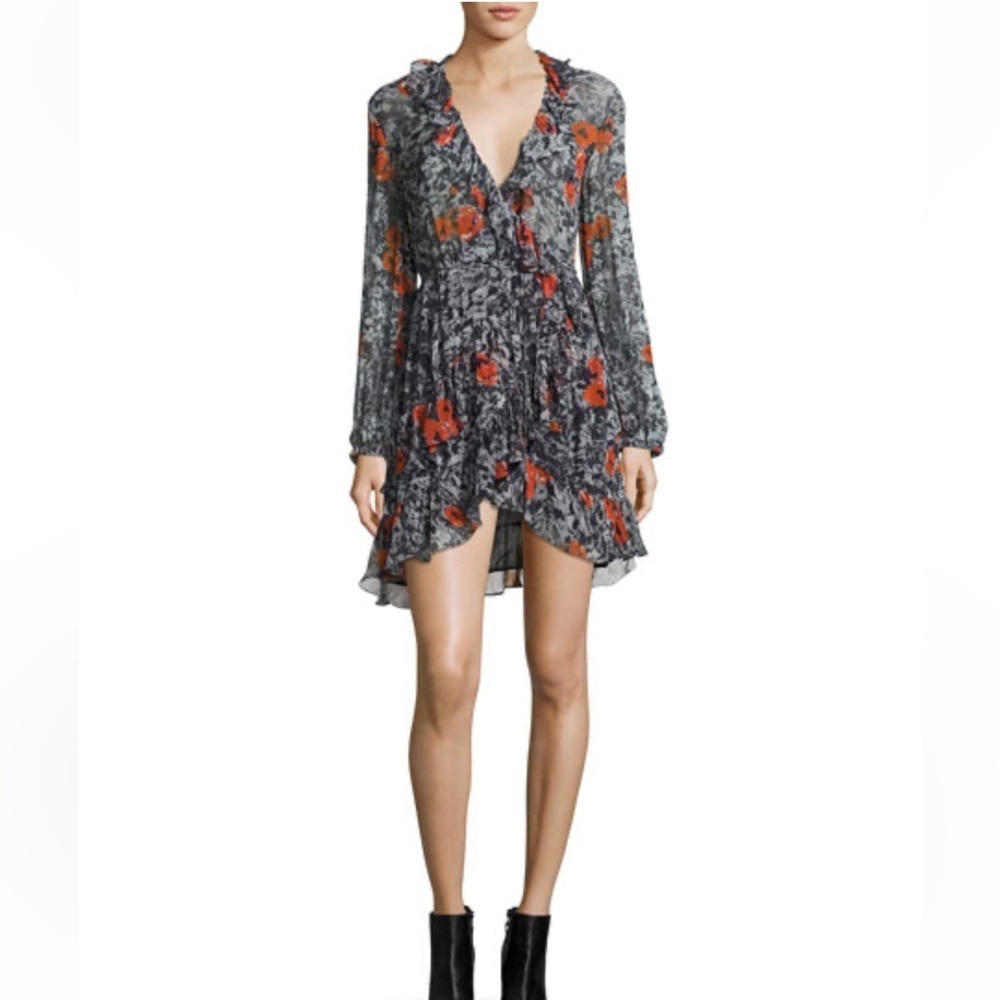 IRO Villia Printed Wrap Mini Dress w/ Ruffled Trim sz 36 US 4